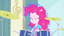 Size: 3410x1920 | Tagged: safe, derpibooru import, screencap, pinkie pie, equestria girls, pinkie on the one, rainbow rocks, drum kit, drums, drumsticks, eyes closed, female, high res, image, jpeg, messy hair, musical instrument, ponied up, smiling, solo