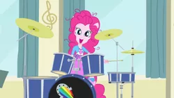 Size: 3410x1920 | Tagged: safe, derpibooru import, screencap, pinkie pie, equestria girls, pinkie on the one, rainbow rocks, clothes, cute, cutie mark, cutie mark on clothes, diapinkes, drum kit, drums, drumsticks, female, high res, image, jpeg, musical instrument, open mouth, open smile, ponied up, smiling, solo