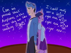 Size: 1890x1417 | Tagged: safe, artist:kenny2002, derpibooru import, twilight sparkle, human, equestria girls, airplanes (song), crossover, crossover shipping, crying, female, holding hands, horn, image, jpeg, male, mordecai, mordetwi, night, regular show, shipping, straight