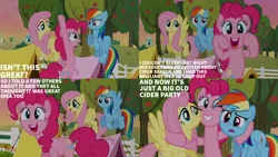 Size: 1280x720 | Tagged: safe, derpibooru import, edit, edited screencap, editor:quoterific, screencap, fluttershy, pinkie pie, rainbow dash, earth pony, pegasus, pony, season 2, the super speedy cider squeezy 6000, bipedal, female, flying, hug, image, mare, open mouth, open smile, png, smiling, spread wings, tree, wings