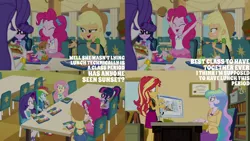 Size: 1280x720 | Tagged: safe, derpibooru import, edit, edited screencap, editor:quoterific, screencap, applejack, fluttershy, pinkie pie, princess celestia, rainbow dash, rarity, sci-twi, sunset shimmer, twilight sparkle, diy with applejack, equestria girls, equestria girls series, schedule swap, spoiler:eqg series (season 2), apple, applejack's hat, bowtie, bracelet, burger, clothes, computer, cowboy hat, cutie mark, cutie mark on clothes, denim skirt, drinking, eyes closed, female, food, geode of empathy, geode of fauna, geode of shielding, geode of sugar bombs, geode of super speed, geode of super strength, geode of telekinesis, glasses, hairpin, hat, high heels, humane five, humane seven, humane six, image, jacket, jewelry, leather, leather jacket, magical geodes, necklace, open mouth, open smile, png, ponytail, principal celestia, rarity peplum dress, salad, sandwich, shoes, skirt, smiling, sneakers
