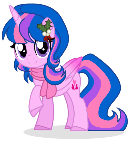 Size: 863x926 | Tagged: safe, artist:brush-prism, oc, oc:hsu amity, unofficial characters only, alicorn, pony, alicorn oc, base used, clothes, female, glasses off, horn, image, looking at you, mare, missing accessory, mistletoe, png, scarf, simple background, smiling, smiling at you, solo, transparent background, wings, winter outfit