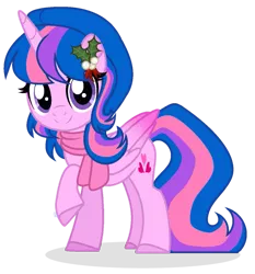 Size: 863x926 | Tagged: safe, artist:brush-prism, oc, oc:hsu amity, unofficial characters only, alicorn, pony, alicorn oc, base used, clothes, female, glasses off, horn, image, looking at you, mare, missing accessory, mistletoe, png, scarf, simple background, smiling, smiling at you, solo, transparent background, wings, winter outfit