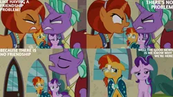 Size: 1280x720 | Tagged: safe, derpibooru import, edit, edited screencap, editor:quoterific, screencap, firelight, starlight glimmer, stellar flare, sunburst, pony, unicorn, season 8, the parent map, spoiler:s08, eyes closed, female, floppy ears, image, jpeg, male, mare, open mouth, smiling, stallion