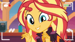 Size: 640x360 | Tagged: safe, derpibooru import, screencap, sunset shimmer, equestria girls, equestria girls series, how to backstage, spoiler:eqg series (season 2), animated, camera shot, clothes, cutie mark, cutie mark on clothes, eyes closed, female, gif, gifs.com, image, jacket, leather, leather jacket, music festival outfit, open mouth, open smile, smiling, solo