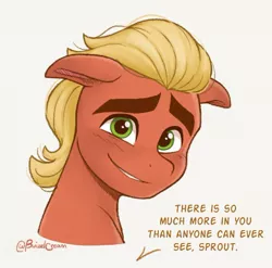 Size: 670x661 | Tagged: safe, artist:bcpony, derpibooru import, sprout cloverleaf, earth pony, pony, my little pony: a new generation, bust, compliment, dialogue, floppy ears, g5, image, jpeg, looking at you, male, signature, simple background, smiling, solo, stallion