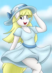 Size: 914x1280 | Tagged: safe, artist:bellenightjoy, derpibooru import, oc, oc:starry cookies, unofficial characters only, anthro, earth pony, clothes, cloud, dress, earth pony oc, eyelashes, female, hat, image, jpeg, open mouth, outdoors, smiling, solo, sun hat