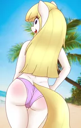 Size: 807x1280 | Tagged: suggestive, artist:bellenightjoy, derpibooru import, oc, oc:starry cookies, unofficial characters only, anthro, earth pony, beach, bikini, bikini bottom, butt blush, clothes, earth pony oc, image, jpeg, looking at you, outdoors, smiling, swimsuit