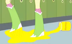 Size: 1280x801 | Tagged: safe, artist:ponygamer2020, banned from derpibooru, deleted from derpibooru, derpibooru import, fluttershy, equestria girls, boots, boots shot, canterlot high, clothes, food, high heel boots, honey, image, jar, jpeg, legs, lockers, pictures of legs, raised leg, shoes, socks, solo, spill, sticky, stuck