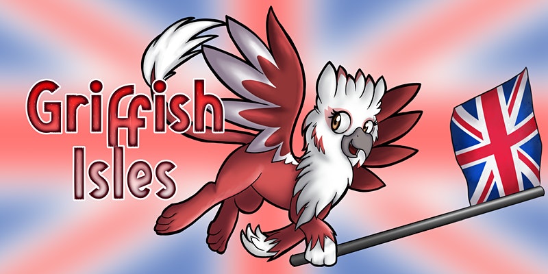 Size: 800x400 | Tagged: safe, derpibooru import, oc, oc:bobbie, gryphon, griffish isles, image, jpeg, mascot, solo, union jack, united kingdom