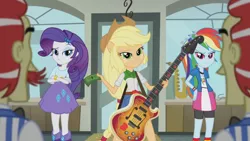 Size: 3410x1920 | Tagged: safe, derpibooru import, screencap, applejack, flam, flim, rainbow dash, rarity, a case for the bass, equestria girls, rainbow rocks, applejack's hat, bass guitar, belt, bracelet, brothers, clothes, cowboy hat, crossed arms, cutie mark, cutie mark on clothes, denim skirt, female, flim flam brothers, hairpin, hat, high res, image, jewelry, jpeg, male, money, musical instrument, ponied up, siblings, skirt, smiling