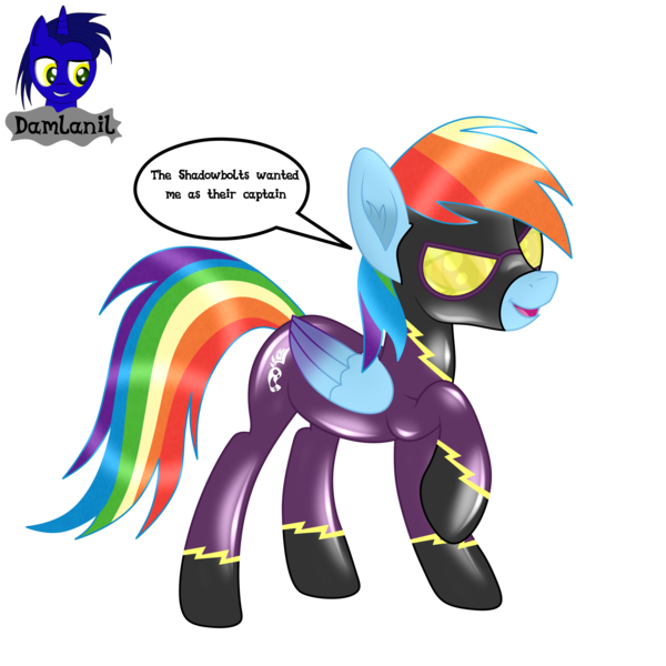Size: 3840x3840 | Tagged: safe, artist:damlanil, derpibooru import, rainbow dash, pegasus, pony, catsuit, clothes, comic, costume, cute, eyeshadow, female, goggles, happy, image, latex, latex suit, looking at you, makeup, mare, open mouth, png, raised hoof, rubber, shadowbolts, shadowbolts costume, shine, shiny, shiny mane, simple background, solo, suit, text, transparent background, vector, wings