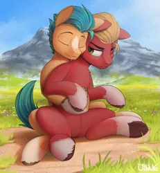 Size: 1847x2000 | Tagged: safe, artist:uliovka, derpibooru import, hitch trailblazer, sprout cloverleaf, earth pony, pony, my little pony: a new generation, cute, g5, gay, grass, hug, image, male, mountain, png, raised hoof, scenery, shipping