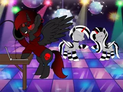 Size: 1024x768 | Tagged: artist needed, safe, derpibooru import, vinyl scratch, oc, oc:dj zeb-3, oc:melody spotlight, oc:negative, alicorn, bat pony, bat pony oc, bat wings, computer, dance floor, dancing, disco ball, having fun, image, jpeg, laptop computer, smiling, wings