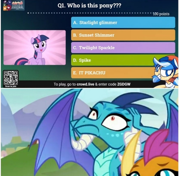 Size: 1496x1476 | Tagged: safe, derpibooru import, edit, edited screencap, screencap, princess ember, smolder, twilight sparkle, dragon, pikachu, pony, unicorn, dragoness, female, image, implied spike, implied starlight glimmer, implied sunset shimmer, jpeg, mare, midair pony fair, pokémon, question, quiz, unicorn twilight