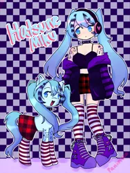 Size: 768x1024 | Tagged: safe, artist:panimeko, derpibooru import, kotobukiya, ponified, earth pony, human, pony, anime, boots, choker, clothes, ear piercing, earring, emo, female, hatsune miku, headphones, hoodie, human ponidox, image, jewelry, kotobukiya hatsune miku pony, mare, midriff, open mouth, piercing, png, self paradox, self ponidox, shoes, skirt, socks, solo, spiked choker, sports bra, striped socks, tattoo, vocaloid