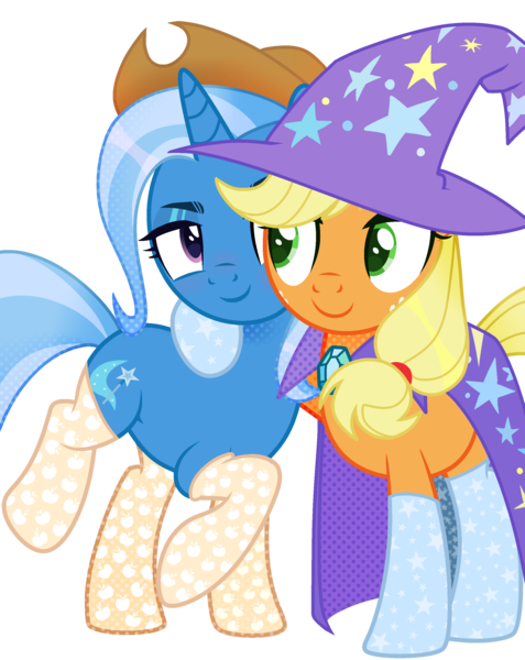 Size: 2361x2970 | Tagged: safe, artist:kellysweet1, artist:rerorir, derpibooru import, applejack, trixie, earth pony, pony, unicorn, accessory swap, applejack's hat, base used, bedroom eyes, cape, clothes, commission, cowboy hat, duo, duo female, female, freckles, green eyes, hat, high res, hooves, horn, hug, image, lesbian, looking at each other, looking at someone, mare, png, raised hoof, raised leg, shipping, simple background, smiling, socks, standing, transparent background, tripplejack, trixie's cape, trixie's hat