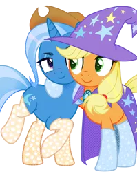 Size: 2361x2970 | Tagged: safe, artist:kellysweet1, artist:rerorir, derpibooru import, applejack, trixie, earth pony, pony, unicorn, accessory swap, applejack's hat, base used, bedroom eyes, cape, clothes, commission, cowboy hat, duo, duo female, female, freckles, green eyes, hat, high res, hooves, horn, hug, image, lesbian, looking at each other, looking at someone, mare, png, raised hoof, raised leg, shipping, simple background, smiling, socks, standing, transparent background, tripplejack, trixie's cape, trixie's hat