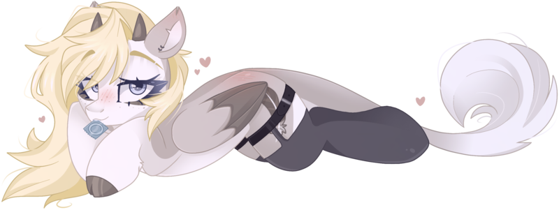 Size: 2622x988 | Tagged: suggestive, artist:cinnamontee, derpibooru import, oc, oc:tegan, pegasus, pony, clothes, condom, female, horns, image, lying down, mare, mouth hold, png, prone, simple background, socks, transparent background
