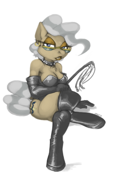 Size: 1300x1850 | Tagged: suggestive, artist:bluntwhiskey, derpibooru import, edit, mayor mare, anthro, unguligrade anthro, collar, cougar, dominatrix, female, glasses, image, png, simple background, sitting, solo, solo female, transparent background