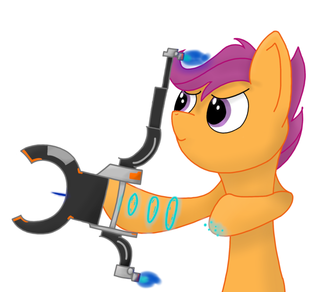 Size: 1750x1600 | Tagged: safe, artist:kanw, derpibooru import, scootaloo, pegasus, pony, bow (weapon), image, lenz, newbie artist training grounds, png, simple background, solo, transparent background, warframe, weapon