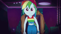 Size: 1920x1080 | Tagged: safe, derpibooru import, edit, edited screencap, editor:roseluck, screencap, rainbow dash, equestria girls, equestria girls series, spring breakdown, spoiler:eqg series (season 2), alternate hairstyle, animated, baseball cap, cap, chair, clothes, cruise outfit, curtains, female, front knot midriff, gif, hat, image, indoors, loop, midriff, pants, ponytail, raised eyebrow, sleeveless, slowed down, solo, swaying hips, tanktop, walking, walking towards you, wristband