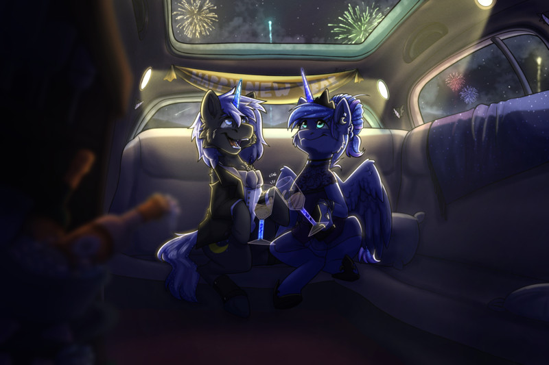 Size: 4500x3000 | Tagged: safe, artist:lionbun, artist:lionbun1, derpibooru import, princess luna, oc, oc:night shadow, alicorn, unicorn, alcohol, canon x oc, car, champagne, champagne glass, commission, couple, fireworks, happy new year, holiday, image, limousine, new year, new years eve, png, wine