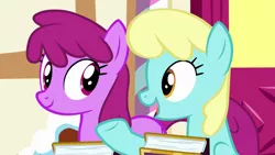 Size: 1920x1080 | Tagged: safe, derpibooru import, screencap, berry punch, berryshine, sassaflash, earth pony, pegasus, pony, fame and misfortune, season 7, background pony, book, duo, duo female, eye contact, female, image, looking at each other, looking at someone, mare, open mouth, png, smiling