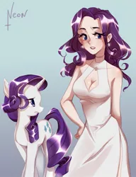 Size: 981x1280 | Tagged: safe, artist:neon-chan, derpibooru import, rarity, human, pony, unicorn, breasts, cleavage, cleavage window, clothes, dress, ear piercing, earring, female, human ponidox, humanized, image, jewelry, jpeg, piercing, self paradox, self ponidox