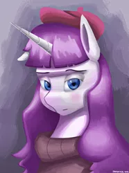 Size: 1000x1346 | Tagged: safe, artist:trotski432, derpibooru import, rarity, pony, unicorn, beatnik rarity, beret, bust, clothes, female, hat, horn, image, mare, one ear down, png, portrait, simple background, solo, sweater