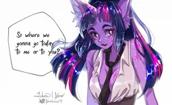 Size: 1280x783 | Tagged: safe, artist:neon-chan, derpibooru import, twilight sparkle, anthro, unicorn, absolute cleavage, alternative cutie mark placement, breasts, cleavage, clothes, ear fluff, female, image, implied romance, jpeg, looking at you, necktie, open clothes, open shirt, simple background, solo, solo female, sparkles, speech bubble, talking to viewer, unicorn twilight, white background