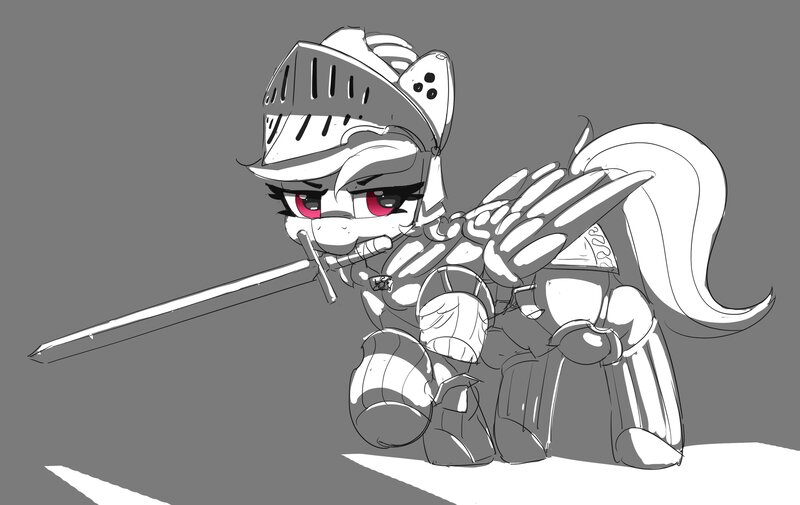 Size: 3453x2179 | Tagged: safe, artist:pabbley, derpibooru import, rainbow dash, pegasus, pony, armor, dark souls, female, helmet, image, jpeg, mare, monochrome, mouth hold, neo noir, partial color, raised hoof, solo, sword, weapon