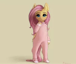 Size: 4096x3442 | Tagged: safe, artist:miokomata, derpibooru import, fluttershy, pegasus, semi-anthro, clothes, colored hooves, cute, footed sleeper, footie pajamas, freckles, freckleshy, image, jpeg, looking at you, pajamas, shyabetes, simple background, solo, tan background, weapons-grade cute