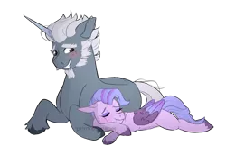 Size: 1280x883 | Tagged: safe, artist:primrosepaper, derpibooru import, alphabittle (g5), queen haven, pegasus, pony, unicorn, g5, alphahaven, blushing, female, image, lying down, male, mare, png, prone, shipping, smiling, stallion, straight