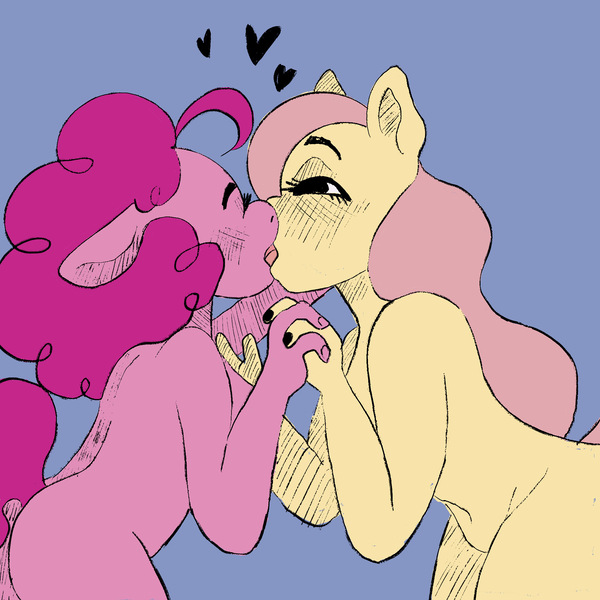 Size: 2048x2048 | Tagged: questionable, artist:weeweepeepeepoopoop, derpibooru import, fluttershy, pinkie pie, anthro, earth pony, ass, balloonbutt, blue background, breasts, butt, complete nudity, eyes closed, female, floating heart, flutterpie, french kiss, heart, holding hands, image, jpeg, kissing, lesbian, shipping, simple background, wingless, wingless anthro