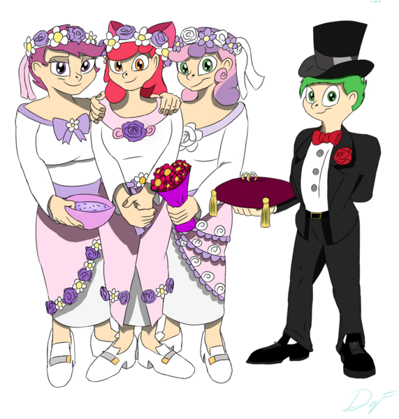 Size: 872x916 | Tagged: safe, artist:holdenwolfart, derpibooru import, apple bloom, scootaloo, spike, sweetie belle, human, bridesmaid dress, clothes, crusadespike, cutie mark crusaders, dress, female, hat, humanized, image, looking at you, male, png, polyamory, scootaspike, shipping, simple background, smiling, smiling at you, spikebelle, spikebloom, standing, straight, transparent background