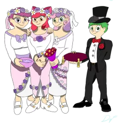 Size: 872x916 | Tagged: safe, artist:holdenwolfart, derpibooru import, apple bloom, scootaloo, spike, sweetie belle, human, bridesmaid dress, clothes, crusadespike, cutie mark crusaders, dress, female, hat, humanized, image, looking at you, male, png, polyamory, scootaspike, shipping, simple background, smiling, smiling at you, spikebelle, spikebloom, standing, straight, transparent background