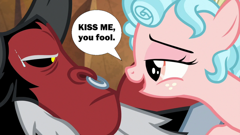 Size: 1280x720 | Tagged: safe, derpibooru import, edit, edited screencap, screencap, cozy glow, lord tirek, centaur, pegasus, pony, taur, frenemies (episode), age difference, bedroom eyes, cozirek, female, flirting, image, interspecies, kiss me you fool, male, png, shipping, speech bubble, straight, sweat, that is one troubled filly