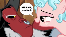 Size: 1280x720 | Tagged: safe, derpibooru import, edit, edited screencap, screencap, cozy glow, lord tirek, centaur, pegasus, pony, taur, frenemies (episode), age difference, bedroom eyes, cozirek, female, flirting, image, interspecies, kiss me you fool, male, png, shipping, speech bubble, straight, sweat, that is one troubled filly