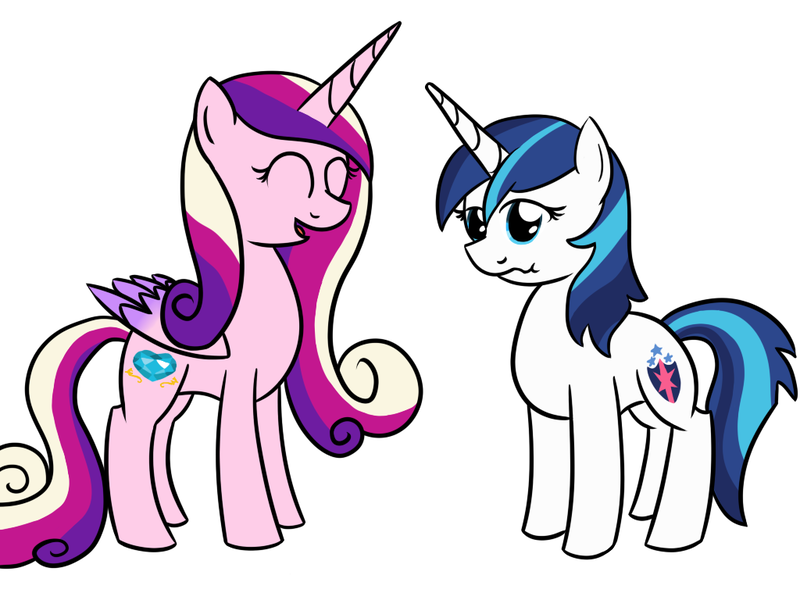 Size: 1024x768 | Tagged: artist needed, editor needed, safe, derpibooru import, edit, princess cadance, shining armor, alicorn, pony, unicorn, female, folded wings, gleaming cadance, gleaming shield, half r63 shipping, horn, image, lesbian, male, mare, png, rule 63, scrunchy face, shiningcadance, shipping, simple background, straight, white background, wings