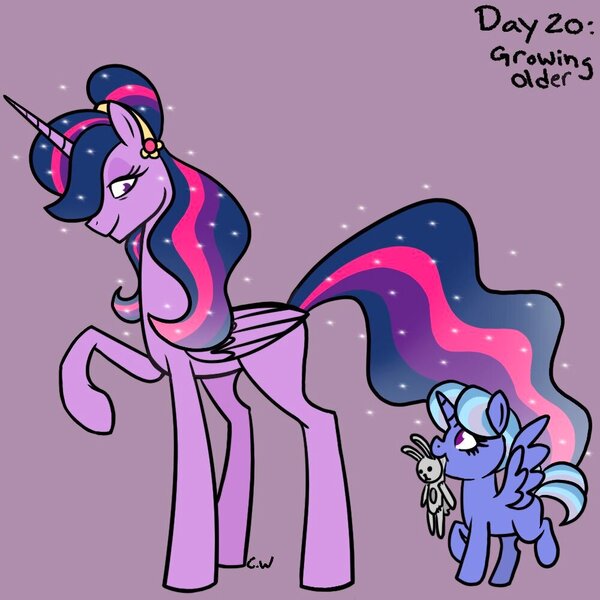 Size: 1000x1000 | Tagged: safe, artist:chelseawest, derpibooru import, princess twilight 2.0, twilight sparkle, twilight sparkle (alicorn), oc, oc:azure star, alicorn, pony, the last problem, alicorn oc, female, filly, foal, great grandmother, horn, image, jpeg, offspring, offspring's offspring, older, older twilight, parent:oc:blue belle, parent:oc:emerald spark, parents:oc x oc, ponytober, wings