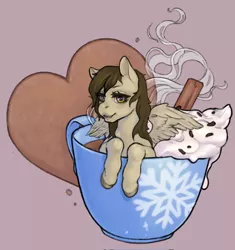 Size: 1927x2048 | Tagged: safe, artist:oops, derpibooru import, oc, oc:static spark, unofficial characters only, pegasus, pony, chocolate, cup, food, heart, hot chocolate, image, jpeg, looking at you, open mouth, solo, steam, whipped cream, wings