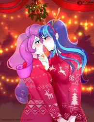 Size: 3030x3900 | Tagged: safe, artist:xjenn9, derpibooru import, rarity, shining armor, equestria girls, blushing, christmas, commission, female, gleaming shield, half r63 shipping, holiday, image, infidelity, lesbian, male, mistletoe, png, rariarmor, rarigleam, rule 63, shipping, straight, ych example, your character here