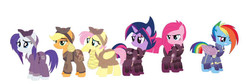 Size: 1756x594 | Tagged: safe, artist:sunmint234, derpibooru import, applejack, fluttershy, pinkie pie, rainbow dash, rarity, twilight sparkle, earth pony, unicorn, the cutie re-mark, wonderbolts academy, alternate timeline, apocalypse, apocalypse dash, crystal war timeline, hair, horn, image, outfit, pinkamena diane pie, png, timeline, war, wings