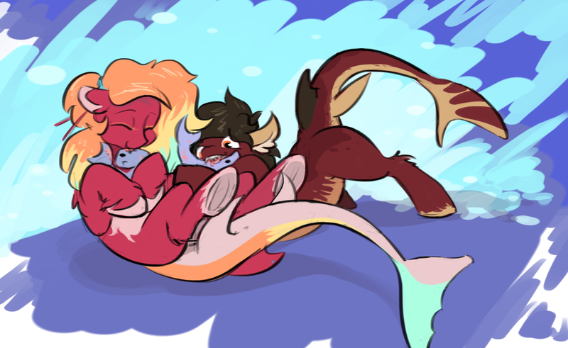 Size: 1249x766 | Tagged: safe, artist:testostepone, derpibooru import, oc, oc:katsa selachi, oc:yoae selachi, fish, original species, shark, shark pony, eating, female, image, png, siblings, sisters, tail