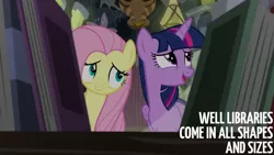 Size: 1280x720 | Tagged: safe, derpibooru import, edit, edited screencap, editor:quoterific, screencap, fluttershy, twilight sparkle, twilight sparkle (alicorn), alicorn, pegasus, pony, a health of information, season 7, book, female, image, jpeg, mare, open mouth, open smile, smiling