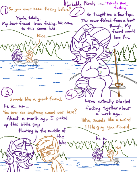 Size: 4779x6013 | Tagged: safe, artist:adorkabletwilightandfriends, edit, spike, starlight glimmer, oc, oc:gray, earth pony, pony, unicorn, comic:adorkable twilight and friends, adorkable, adorkable friends, bait, between legs, boat, character development, comic, conversation, crushing, cute, dork, female, fishing, fishing rod, forest, happy, image, lake, male, mare, micro, png, reference, reference used, relationship, relationships, shipping, shrinking, slice of life, smiling, sparlight, stallion, straight, tree, water