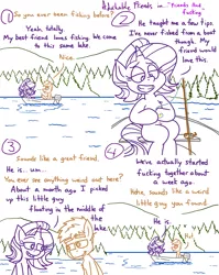 Size: 4779x6013 | Tagged: safe, artist:adorkabletwilightandfriends, edit, spike, starlight glimmer, oc, oc:gray, earth pony, pony, unicorn, comic:adorkable twilight and friends, adorkable, adorkable friends, bait, between legs, boat, character development, comic, conversation, crushing, cute, dork, female, fishing, fishing rod, forest, happy, image, lake, male, mare, micro, png, reference, reference used, relationship, relationships, shipping, shrinking, slice of life, smiling, sparlight, stallion, straight, tree, water