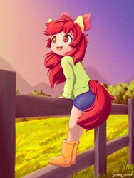 Size: 1800x2400 | Tagged: safe, artist:symbianl, derpibooru import, apple bloom, human, equestria girls, adorabloom, cute, eared humanization, fence, humanized, image, png, smiling, solo, tail, tailed humanization, weapons-grade cute