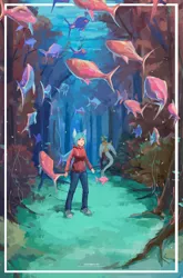 Size: 2562x3875 | Tagged: safe, artist:龙宠, derpibooru import, oc, oc:emily, oc:shanher, anthro, dragon, fish, human, pony, forest, forest background, image, png, seabed, shanher's trip, tree, underwater